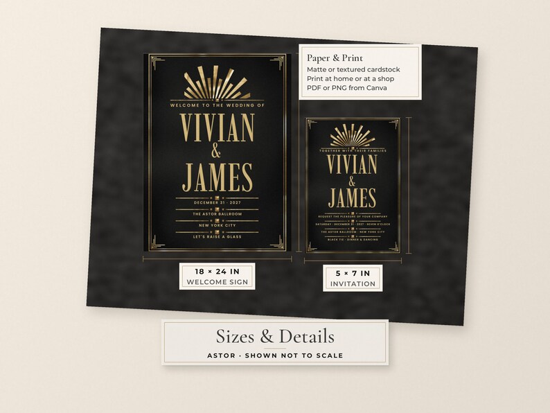 Puede incluir: Un conjunto de letrero de bienvenida e invitaci&oacute;n de boda en negro y dorado con el texto Welcome to the wedding of Vivian & James, December 31, 2027, The Astor Ballroom, New York City. El letrero mide 45,7 x 61 cm y la invitaci&oacute;n 12,7 x 17,8 cm.