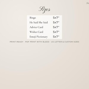 Puede incluir: Un gr&aacute;fico informativo beige titulado Sizes que enumera cinco tarjetas de juego, cada una de 5x7 pulgadas: Bingo, He Said She Said, Advice Card, Wishes Card y Emoji Pictionary. El texto inferior dice: PRINT-READY PDF PRINT WITH BLEED US LETTER & CUSTOM SIZES.