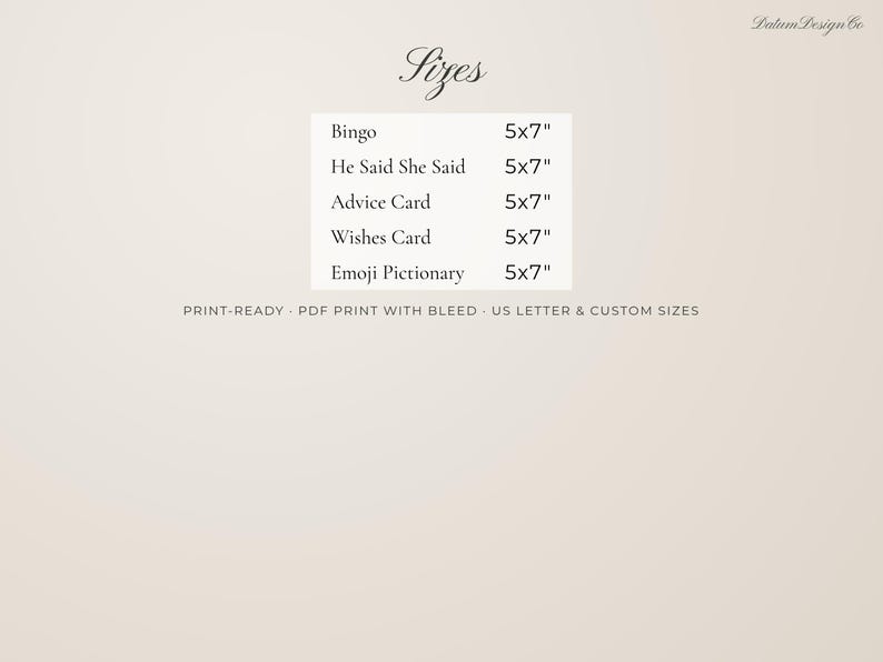 Puede incluir: Un gr&aacute;fico informativo beige titulado Sizes que enumera cinco tarjetas de juego, cada una de 5x7 pulgadas: Bingo, He Said She Said, Advice Card, Wishes Card y Emoji Pictionary. El texto inferior dice: PRINT-READY PDF PRINT WITH BLEED US LETTER & CUSTOM SIZES.