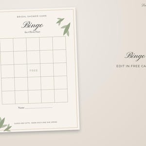 Puede incluir: Una tarjeta de juego de bingo para despedida de soltera en papel crema con ilustraciones de hojas verdes. El texto dice: BRIDAL SHOWER GAME, Bingo, for Olivia Hart, FREE, Name y GUESS HER GIFTS MARK EACH ONE SHE OPENS. Aparece el texto Bingo y EDIT IN FREE CANVA.