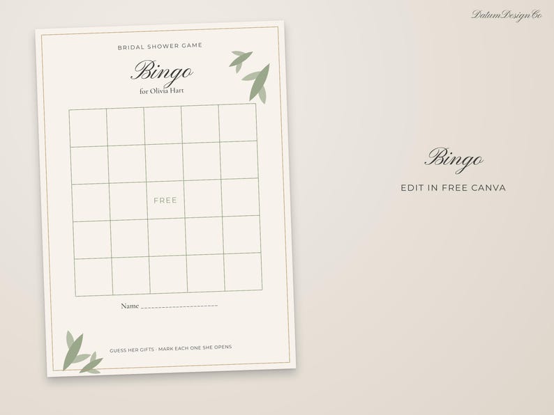 Puede incluir: Una tarjeta de juego de bingo para despedida de soltera en papel crema con ilustraciones de hojas verdes. El texto dice: BRIDAL SHOWER GAME, Bingo, for Olivia Hart, FREE, Name y GUESS HER GIFTS MARK EACH ONE SHE OPENS. Aparece el texto Bingo y EDIT IN FREE CANVA.