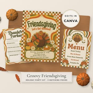 Pode incluir: Um kit de festa Friendsgiving com três cartões impressos com um peru, abóboras e motivos florais em laranja, amarelo e verde. O texto inclui Friendsgiving, Let's Get Gobbled, Thankful Turkey e Menu. Um emblema circular diz Edits in Canva.