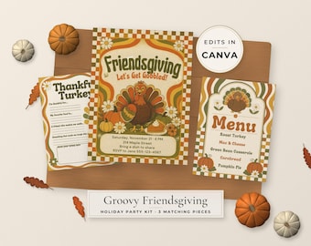 Op de afbeelding: Een Friendsgiving-feestset met drie bedrukte kaarten met een kalkoen, pompoenen en bloemmotieven in oranje, geel en groen. De tekst bevat Friendsgiving, Let's Get Gobbled, Thankful Turkey en Menu. Een ronde badge vermeldt Edits in Canva.