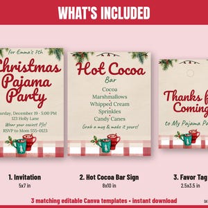May include: Three printable party templates featuring a Christmas Pajama Party invitation, a Hot Cocoa Bar sign, and a favor tag. Each item displays red text, pine branch accents, and red and white plaid borders with cocoa mug graphics.