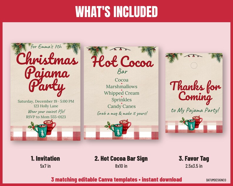 May include: Three printable party templates featuring a Christmas Pajama Party invitation, a Hot Cocoa Bar sign, and a favor tag. Each item displays red text, pine branch accents, and red and white plaid borders with cocoa mug graphics.