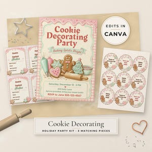 Pode incluir: Um kit de festa para decorar biscoitos com um convite central com gráficos de pão de mel, o texto Cookie Decorating Party, Baking Spirits Bright e detalhes do evento, juntamente com cartões de votação e adesivos circulares.