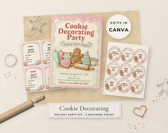 Op de afbeelding: Een koekjesversierfeestset met een centrale uitnodiging met peperkoekafbeeldingen, de tekst Cookie Decorating Party, Baking Spirits Bright en evenementdetails, samen met bijpassende stembiljetten en ronde stickers.