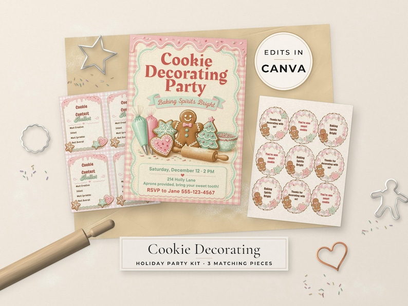 Pode incluir: Um kit de festa para decorar biscoitos com um convite central com gr&aacute;ficos de p&atilde;o de mel, o texto Cookie Decorating Party, Baking Spirits Bright e detalhes do evento, juntamente com cart&otilde;es de vota&ccedil;&atilde;o e adesivos circulares.