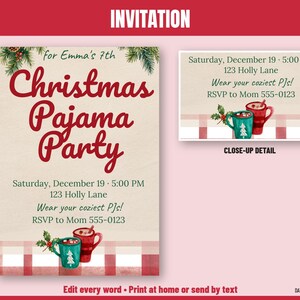 May include: A Christmas Pajama Party invitation for Emma's 7th birthday featuring red text, a cream background, and a red and white buffalo plaid border. The design includes watercolor illustrations of two mugs and holly.