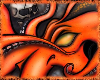 May include: A close-up of an orange octopus with a skull in the background. The octopus has a large eye and tentacles with suckers. The skull is white with black eye sockets.