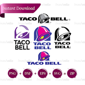 May include: A collection of Taco Bell logos in various color schemes including purple, pink, and black, featuring the iconic bell icon and text. The image includes file format labels PNG, DXF, EPS, and SVG, indicating a digital download bundle.
