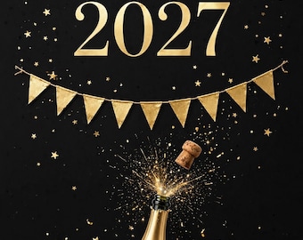 Può includere: Uno sfondo nero presenta il testo dorato Buon Anno Nuovo e il numero 2027. Un festone dorato pende sopra una bottiglia di spumante con il tappo che salta, circondato da coriandoli a forma di stella dorata ed effetti luminosi.