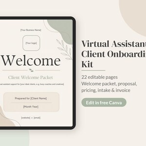 Kit de incorporación de clientes para asistentes virtuales, paquete de bienvenida para asistentes virtuales, plantilla de propuesta, guía de precios de servicios, cuestionario para clientes, Canva