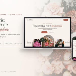 May include: A digital website template for a florist studio displayed on a laptop and a smartphone screen. The interface features the text Wildfern Flower Studio and Flowers that say it beautifully, with circular images of floral arrangements.
