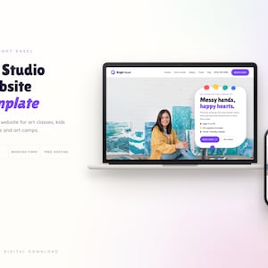 May include: A digital website template for an art studio displayed on a laptop and smartphone screen. The interface features the text Bright Easel, Art Studio Website Template, and Messy hands, happy hearts, alongside a photograph of a person.