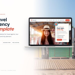 May include: A digital travel agency website template displayed on a laptop and smartphone screen. The interface features the text Sunward, Travel Agency Template, and Pack light, smile big. The design includes a booking form and navigation menu.