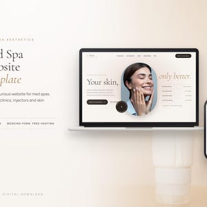 May include: A digital website template for a med spa displayed on a laptop and a smartphone screen. The interface features the text Sera Aesthetics, Med Spa Website Template, and Your skin, only better, alongside a photograph of a person.
