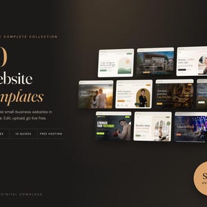 May include: A digital bundle featuring 10 website templates for small businesses. The dark background displays the text 10 Website Templates, The Complete Collection, and a circular badge that reads Save Over 70%. Ten distinct website layouts are shown.