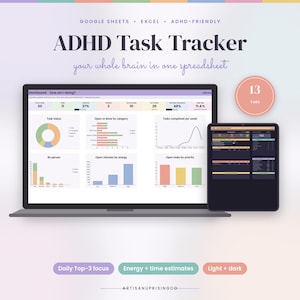 May include: A digital ADHD Task Tracker spreadsheet for Google Sheets and Excel displayed on a laptop and tablet screen. The dashboard features colorful charts, task status, and progress metrics. Includes 13 tabs, daily top-3 focus, energy and time estimates, and light and dark mode options.