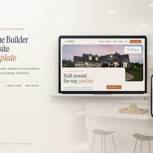 May include: A digital website template for Ridgeline Homes displayed on a laptop and smartphone screen. The interface features a house image, the text "Built around the way you live," and navigation menus. The background is a light cream colour.