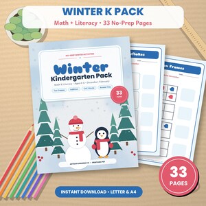Folhas de atividades de inverno para jardim de infância para imprimir, pacote de matemática e alfabetização de inverno, adição com molduras de dez e palavras CVC, PDF para pré-escola e ensino domiciliar sem preparação