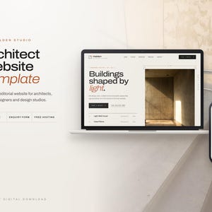 May include: A digital architect website template by Halden Studio displayed on a laptop and smartphone screen. The interface features the text Buildings shaped by light, navigation menus, and project listings on a clean white background.