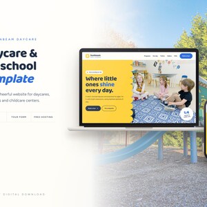 May include: A digital website template for a daycare and preschool named Sunbeam Daycare, displayed on a laptop and smartphone screen. The design features a yellow and white color scheme with text reading Daycare & Preschool Template.