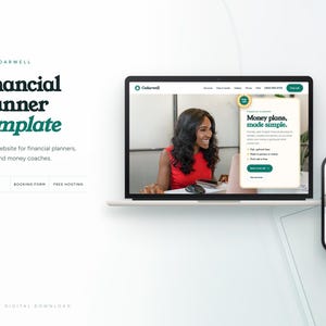 Può includere: Un modello di sito web digitale per consulenti finanziari chiamato Cedarwell, visualizzato su uno schermo di laptop e smartphone. L'interfaccia presenta una foto di una persona con un top rosso, con il testo Money plans, made simple.