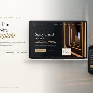 May include: A digital law firm website template displayed on a laptop screen and a smartphone. The design features a dark color scheme with gold text, including the phrase "Steady counsel when it matters most" and "Calder & Wynn Law".