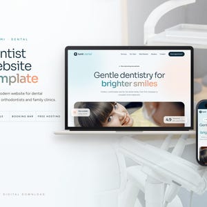 May include: A digital website template for Lumi Dental displayed on a laptop screen and a smartphone. The interface features the text Gentle dentistry for brighter smiles, a photograph of a person, and a booking bar for dental services.