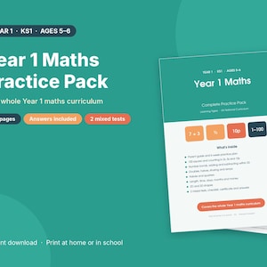 Paquete de ejercicios de matemáticas para primer año / Hojas de trabajo de matemáticas para primaria (KS1) / Sumas, tiempo, dinero, figuras geométricas / Material imprimible para el Reino Unido