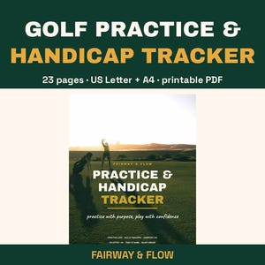 Peut inclure: Un tracker de golf et de handicap en format PDF imprimable de 23 pages, disponible en US Letter et A4. La couverture montre un golfeur sur un terrain vert au coucher du soleil avec le texte Golf Practice & Handicap Tracker.