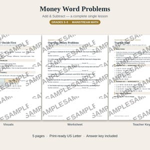 Może przedstawiać: Pięciostronicowy dokument edukacyjny zatytułowany Money Word Problems dla klas 3-5. Zawiera stronę z lekcją dotyczącą słów kluczowych w dodawaniu i odejmowaniu, arkusz ćwiczeń z zadaniami matematycznymi oraz klucz odpowiedzi.