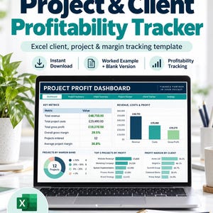 Può includere: Un modello Excel per il monitoraggio della redditività di progetti e clienti visualizzato su uno schermo di un portatile. La dashboard include metriche chiave, un grafico a barre per ricavi, costi e profitti, un grafico ad anello e tabelle riassuntive.