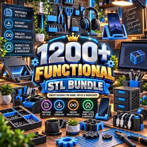 May include: A digital collection of 1200+ functional STL files for 3D printing, featuring various organizers, phone stands, and storage bins in black and blue. The display includes text labels for printable files, instant download, and project ideas.
