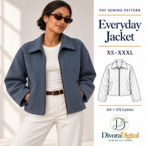 Women Jacket Sewing Pattern PDF, XS-XXXL, Beginner Zip Up Jacket Pattern, Collared Cropped Jacket, Easy Plaid Shacket Sewing Pattern