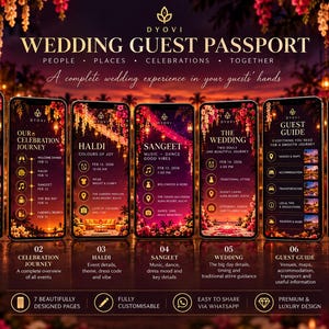 May include: A digital wedding guest passport template featuring seven screens with a sunset theme, floral decorations, and gold text. The screens display event details including a cover page, celebration journey, haldi, sangeet, wedding, guest guide, and RSVP page with a QR code.
