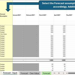 May include: A digital spreadsheet titled Forecast Calculator with columns for account descriptions, actual figures, and a highlighted yellow column for forecast assumptions. The grid displays monthly data from January 2027 through October 2027 with various numerical values.