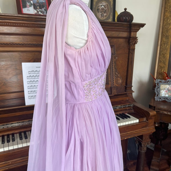 1950s Violet Full length Chiffon Party Dress with embroidered waist detail