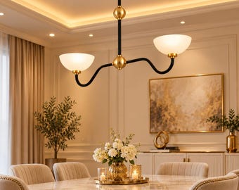 2-Light Black and Brass Chandelier, Off-White Glass Shades, Modern Dining Room Ceiling Light