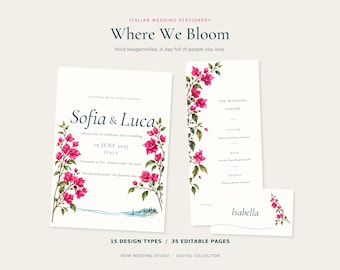 Editable Wedding Stationery Bundle, Pink Bougainvillea, 35 Pages