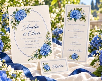 Colección de papelería de boda con hortensias azules editables (descarga digital)