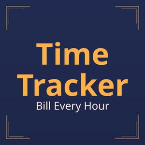 Könnte beinhalten: Eine dunkelblaue quadratische Grafik mit dünnen goldenen Akzenten in den Ecken. Der Text "Time Tracker" erscheint in großen, fetten, orangefarbenen serifenlosen Buchstaben, gefolgt von dem kleineren weißen Text "Bill Every Hour" darunter.