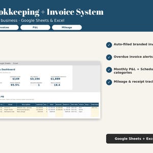 May include: A digital bookkeeping and invoice system for Google Sheets and Excel. The interface displays a business dashboard with financial metrics and an invoice log. Features include auto-filled branded invoices, overdue alerts, monthly P&L, Schedule C categories, and mileage and receipt tracking.