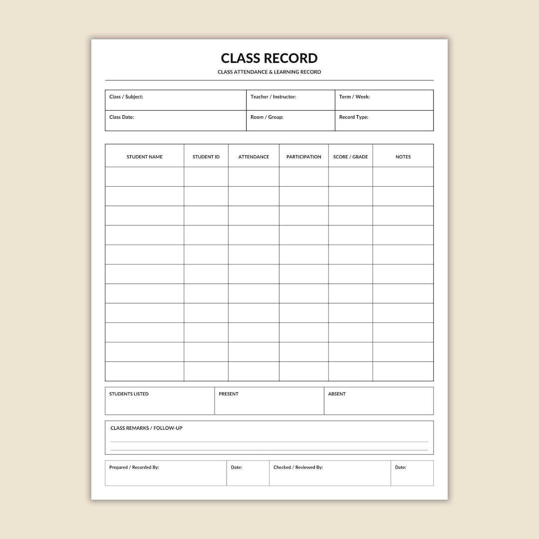 Printable Class Record | Student Class Log | Teacher Attendance Sheet ...