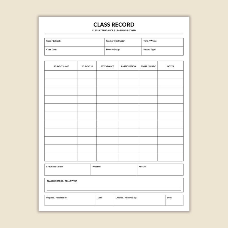 Printable Class Record | Student Class Log | Teacher Attendance Sheet ...