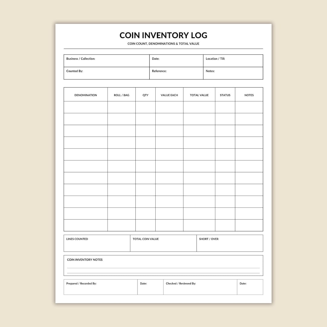 Printable Coin Inventory Log | Coin Count Sheet | Coin Stock Tracking ...