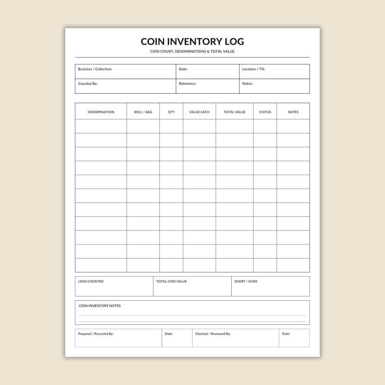 Printable Coin Inventory Log | Coin Count Sheet | Coin Stock Tracking ...