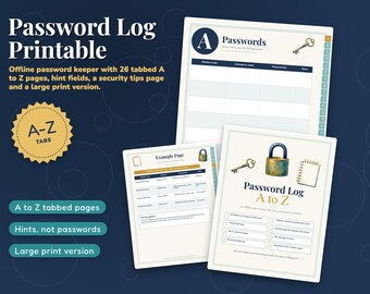 Passwortprotokoll zum Ausdrucken, Offline-Passwortverwaltung, Registerkarten A-Z, Hinweise für Website-Benutzernamen, Großdruck, Internet-Adressbuch
