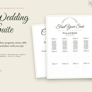 Puede incluir: Un conjunto de boda editable que incluye un plano de asientos, programas, menú, números de mesa y tarjetas de lugar. El plano de asientos muestra el texto Find Your Seat, Welcome to the Wedding of Priya and Daniel, October 18, 2026.